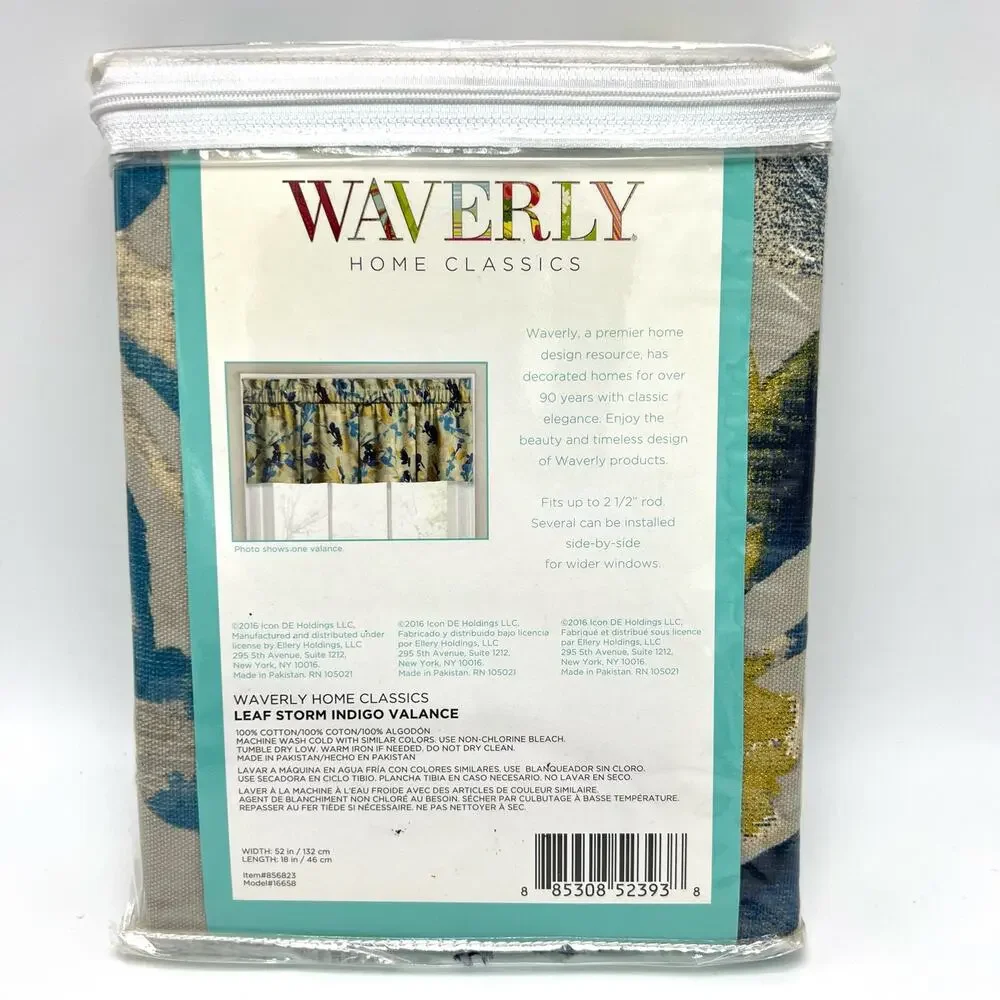 Waverly Leaf Storm Window Valance 52x18 Indigo Blue Gold Cotton Rod and Pocket